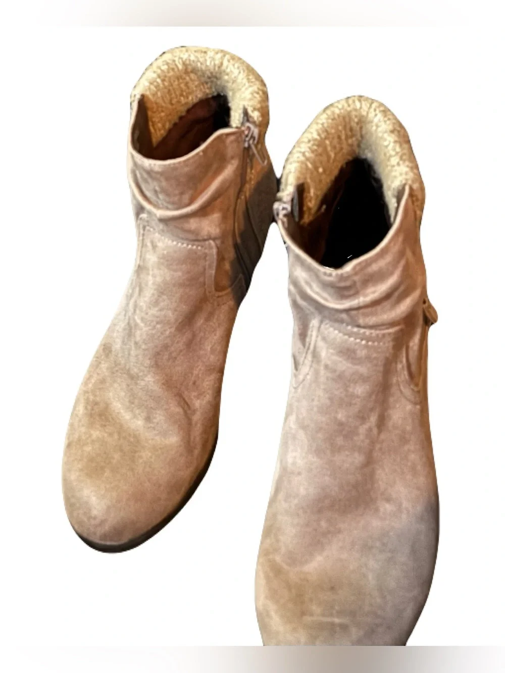 Croft and Barrow Serenity Taupe Suede Slouch Booties with Sweater Cuff.